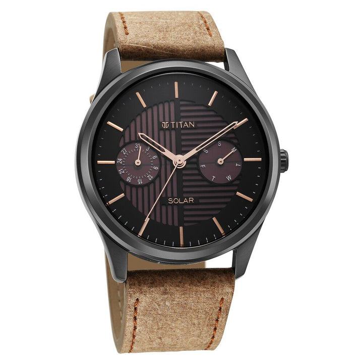 Titan Solar Black Dial Quartz Multifunction Leather Strap watch for Men-1805QL02