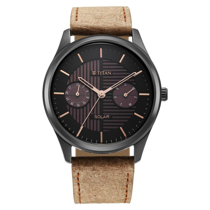 Titan Solar Black Dial Quartz Multifunction Leather Strap watch for Men-1805QL02
