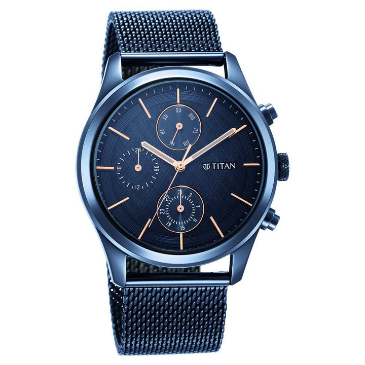 Titan Men's Sartorial Neo Splash: Blue Dial Multifunction Watch with Mesh Strap - The Watch Factory ®
