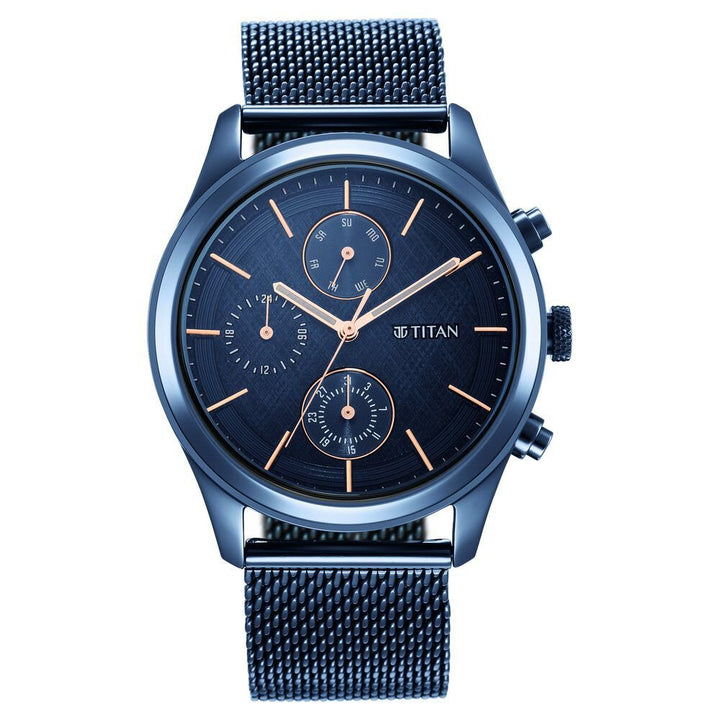 Titan Men's Sartorial Neo Splash: Blue Dial Multifunction Watch with Mesh Strap - The Watch Factory ®