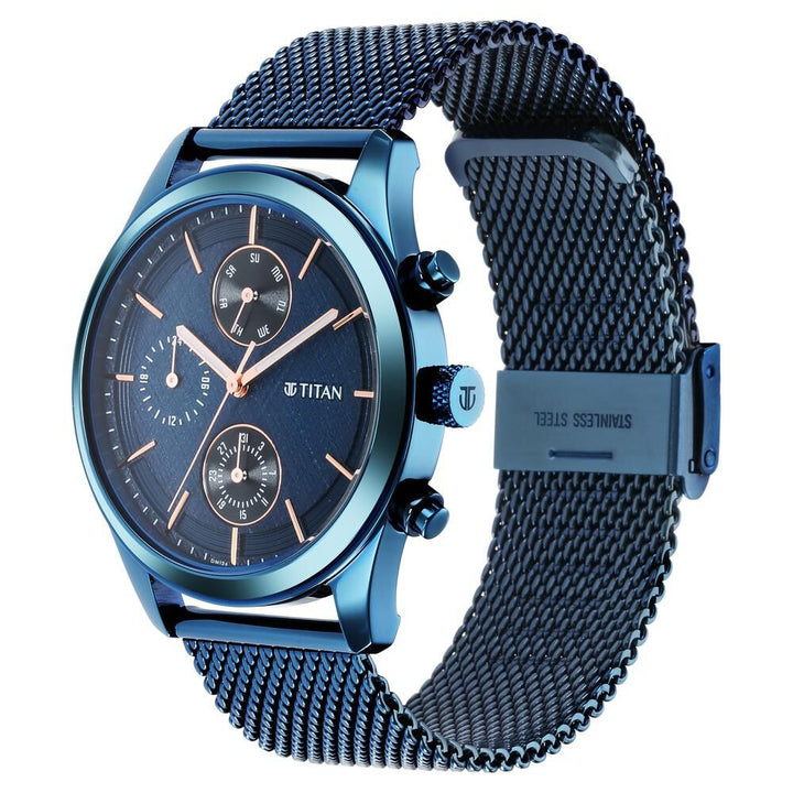 Titan Men's Sartorial Neo Splash: Blue Dial Multifunction Watch with Mesh Strap - The Watch Factory ®