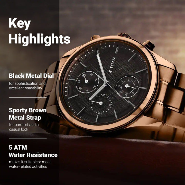 Titan Neo Splash Quartz Multifunction Black Dial Stainless Steel Strap Watch for Men - The Watch Factory ®