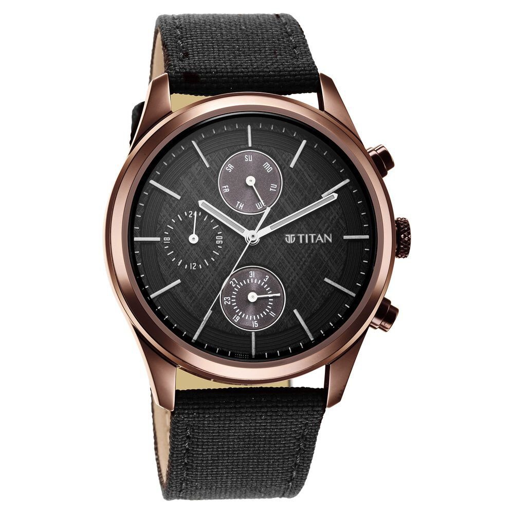 Titan Men's Infinity Chrono watch: Precise Blue Dial, Rose Gold Highlights, Durable Leather Strap - The Watch Factory ®