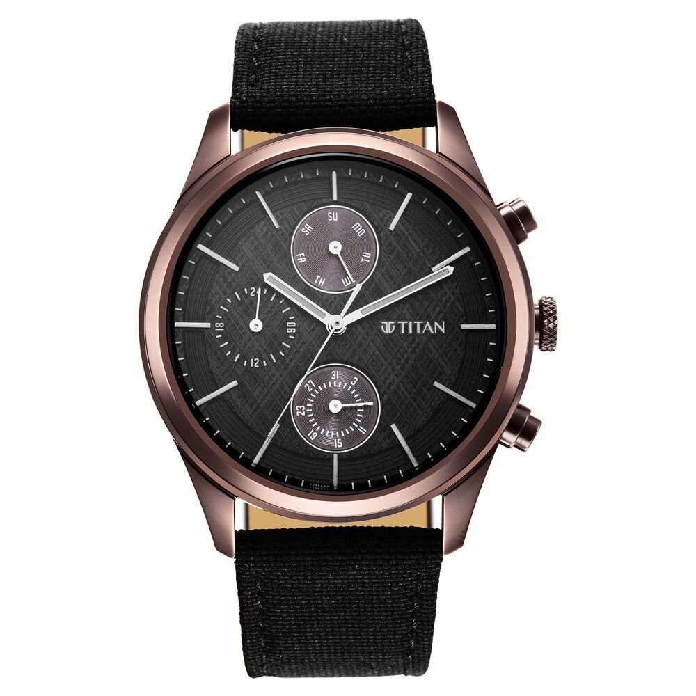 Titan Men's Infinity Chrono watch: Precise Blue Dial, Rose Gold Highlights, Durable Leather Strap - The Watch Factory ®