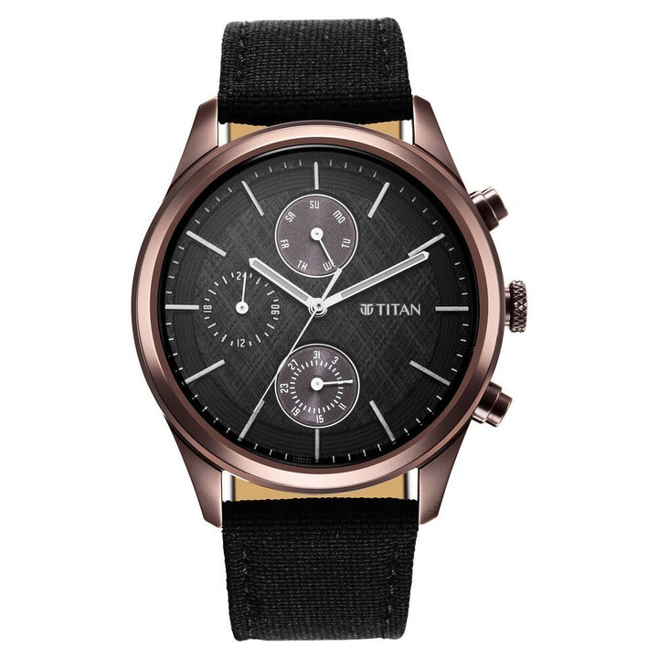 Titan Men's Infinity Chrono watch: Precise Blue Dial, Rose Gold Highlights, Durable Leather Strap - The Watch Factory ®