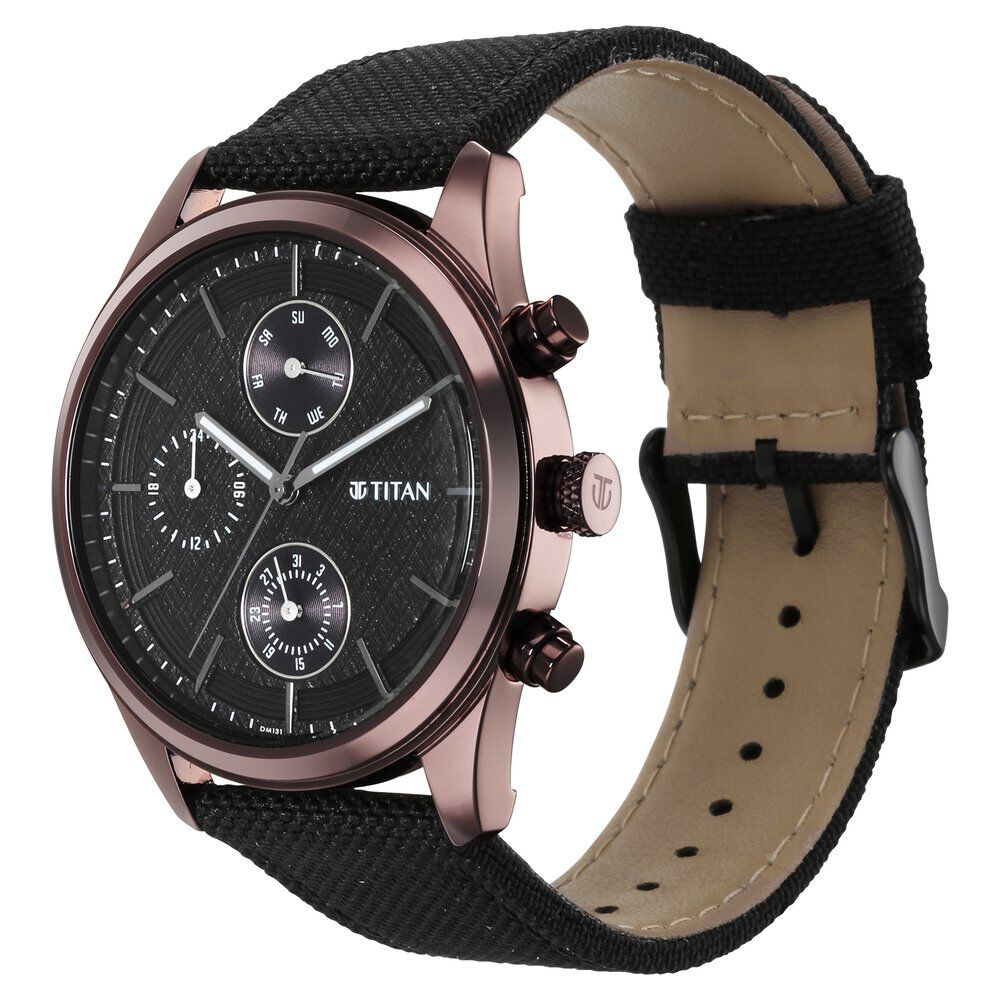 Titan Men's Infinity Chrono watch: Precise Blue Dial, Rose Gold Highlights, Durable Leather Strap - The Watch Factory ®