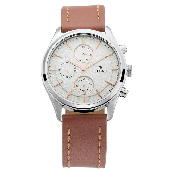 Titan Men's Metropolitan Charm: Men's Multifunctional White Watch with Leather Strap - The Watch Factory ®