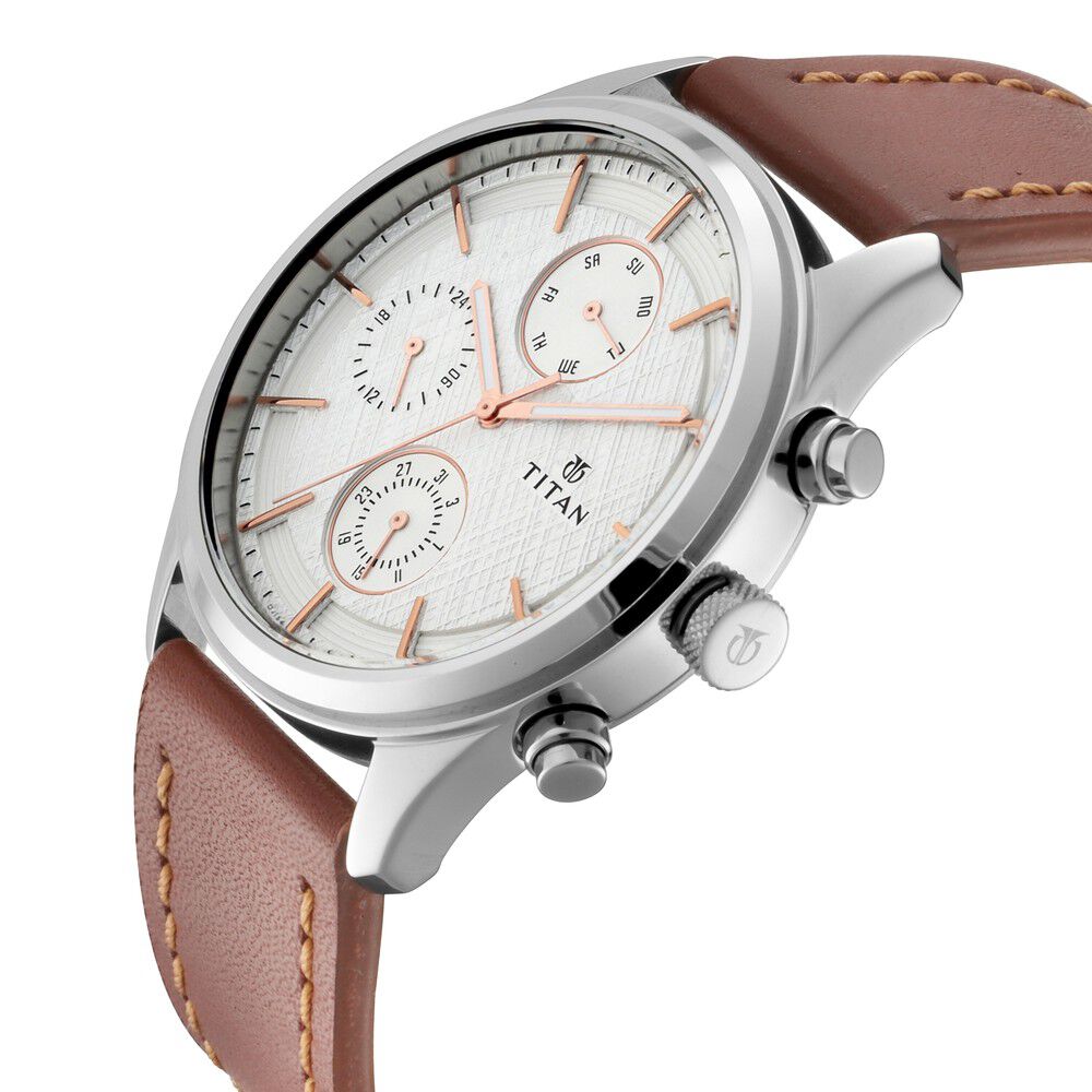 Titan Men's Metropolitan Charm: Men's Multifunctional White Watch with Leather Strap - The Watch Factory ®