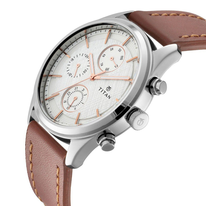 Titan Men's Metropolitan Charm: Men's Multifunctional White Watch with Leather Strap - The Watch Factory ®