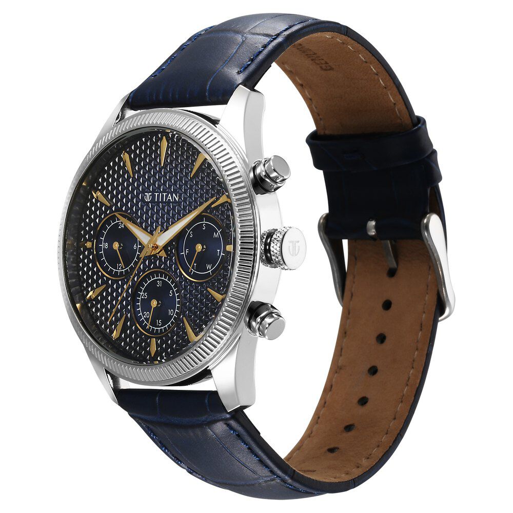 Titan Regalia Opulent Quartz Analog with Day and Date Blue Dial Blue Leather Strap Watch for Men 1805SL13