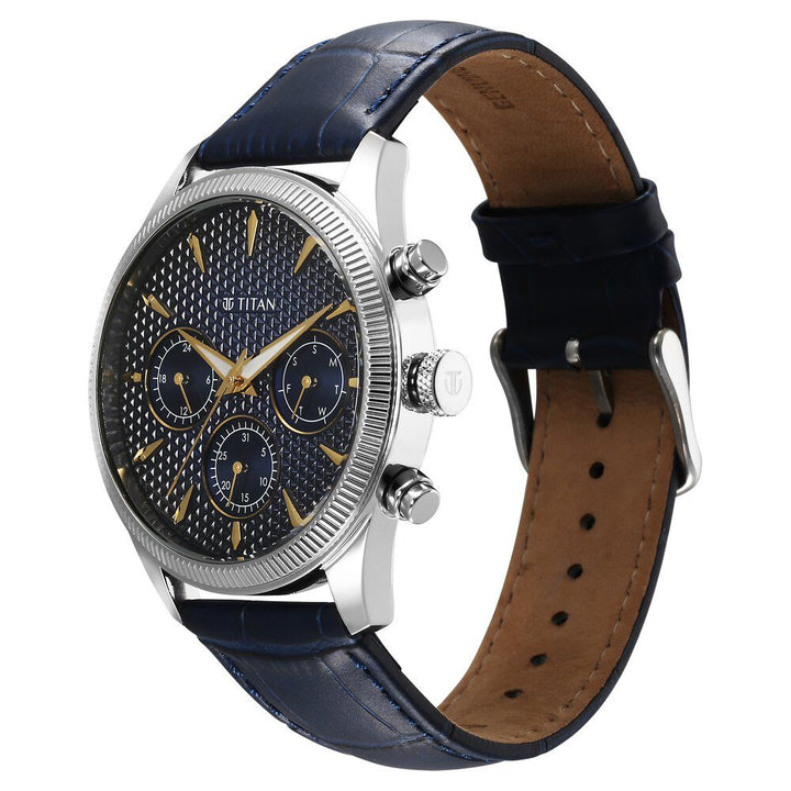 Titan Regalia Opulent Quartz Analog with Day and Date Blue Dial Blue Leather Strap Watch for Men 1805SL13