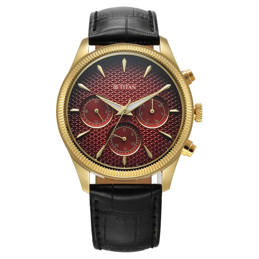 Titan Regalia Opulent Quartz Analog with Day and Date Red Dial Black Leather Strap Watch for Men - The Watch Factory ®