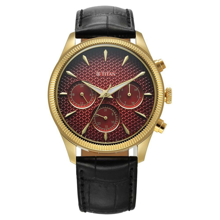 Titan Regalia Opulent Quartz Analog with Day and Date Red Dial Black Leather Strap Watch for Men - The Watch Factory ®