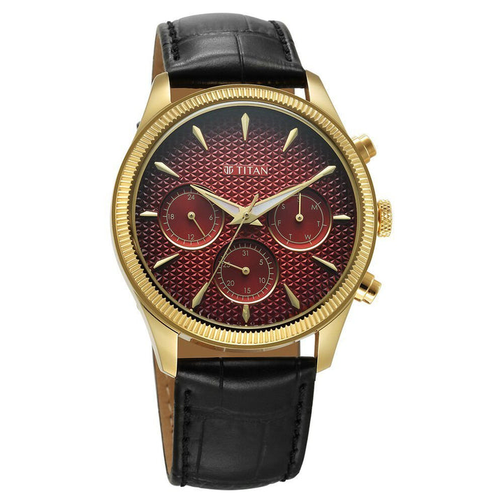 Titan Regalia Opulent Quartz Analog with Day and Date Red Dial Black Leather Strap Watch for Men - The Watch Factory ®