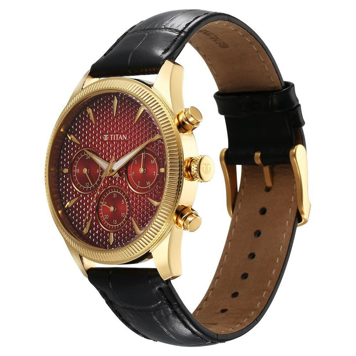 Titan Regalia Opulent Quartz Analog with Day and Date Red Dial Black Leather Strap Watch for Men - The Watch Factory ®