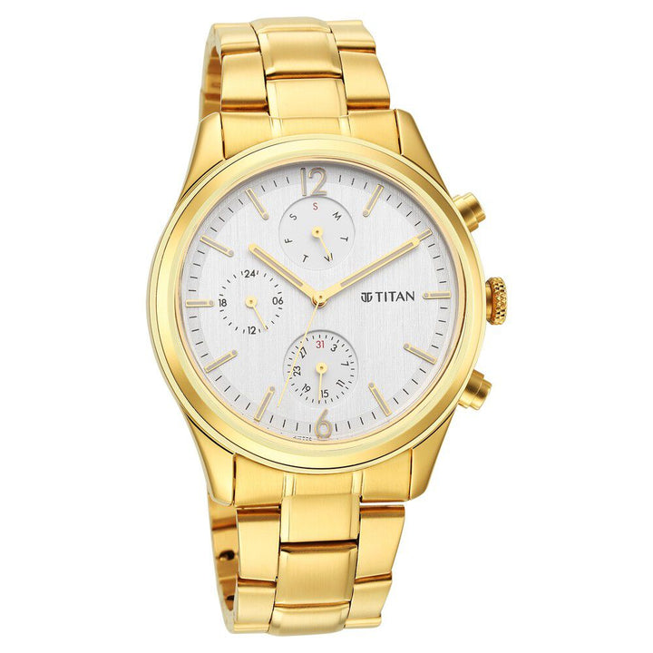 Titan Black and Gold Silver Dial Analog with Day and Date Stainless Steel Strap Watch for Men-NT1805YM01