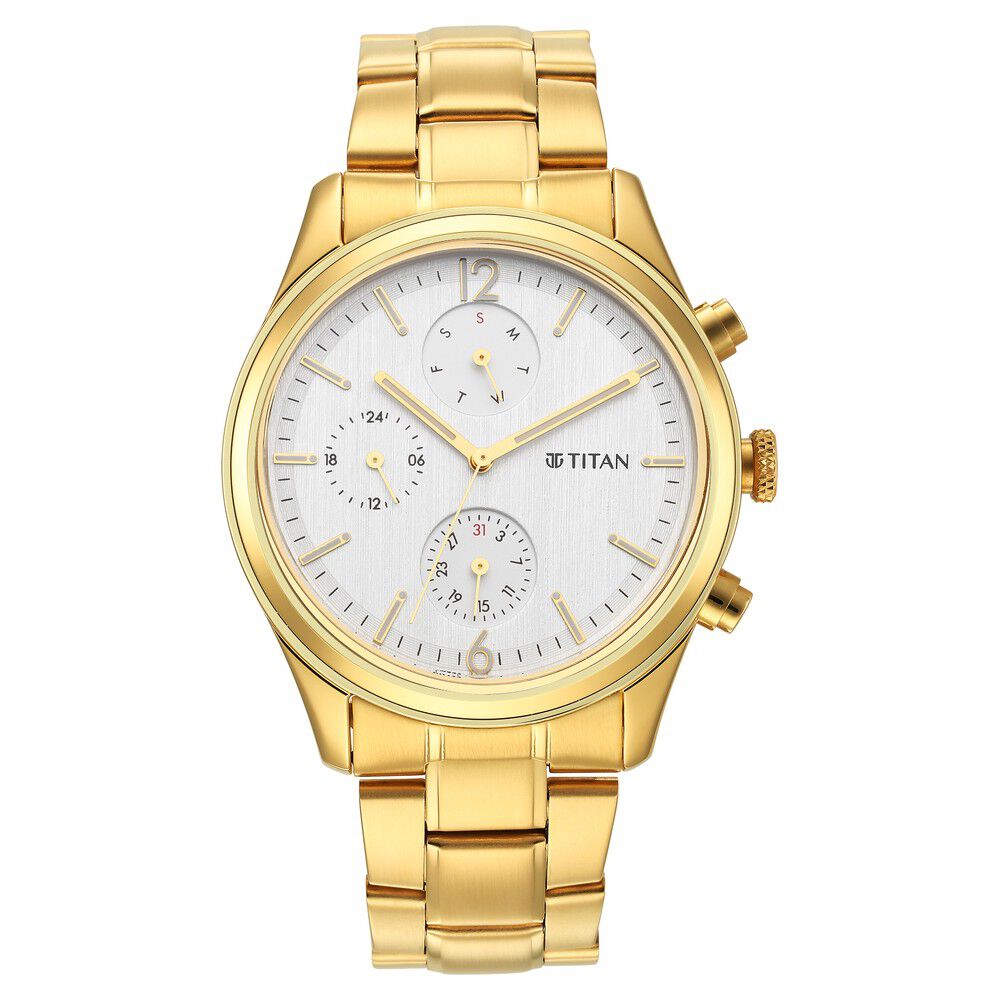 Titan Black and Gold Silver Dial Analog with Day and Date Stainless Steel Strap Watch for Men-NT1805YM01