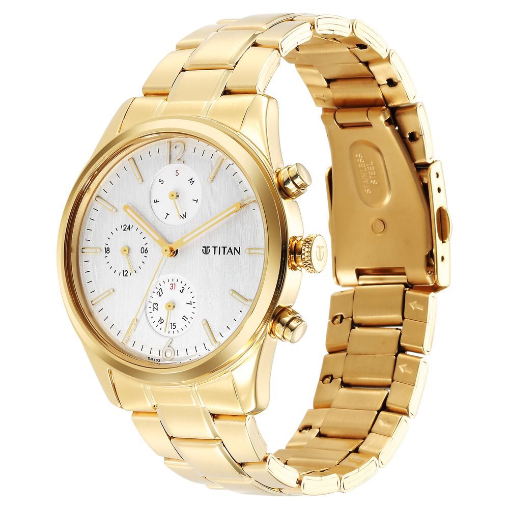 Titan Black and Gold Silver Dial Analog with Day and Date Stainless Steel Strap Watch for Men-NT1805YM01