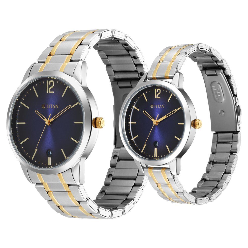 Titan Quartz Analog with Date Blue Dial Stainless Steel Strap Watch for Couple - The Watch Factory ®