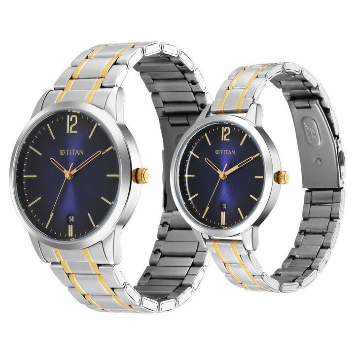 Titan Quartz Analog with Date Blue Dial Stainless Steel Strap Watch for Couple - The Watch Factory ®