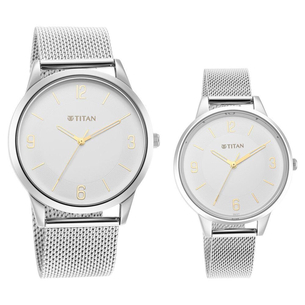 Titan Quartz Analog White Dial Stainless Steel Strap Watch for Couple - The Watch Factory ®