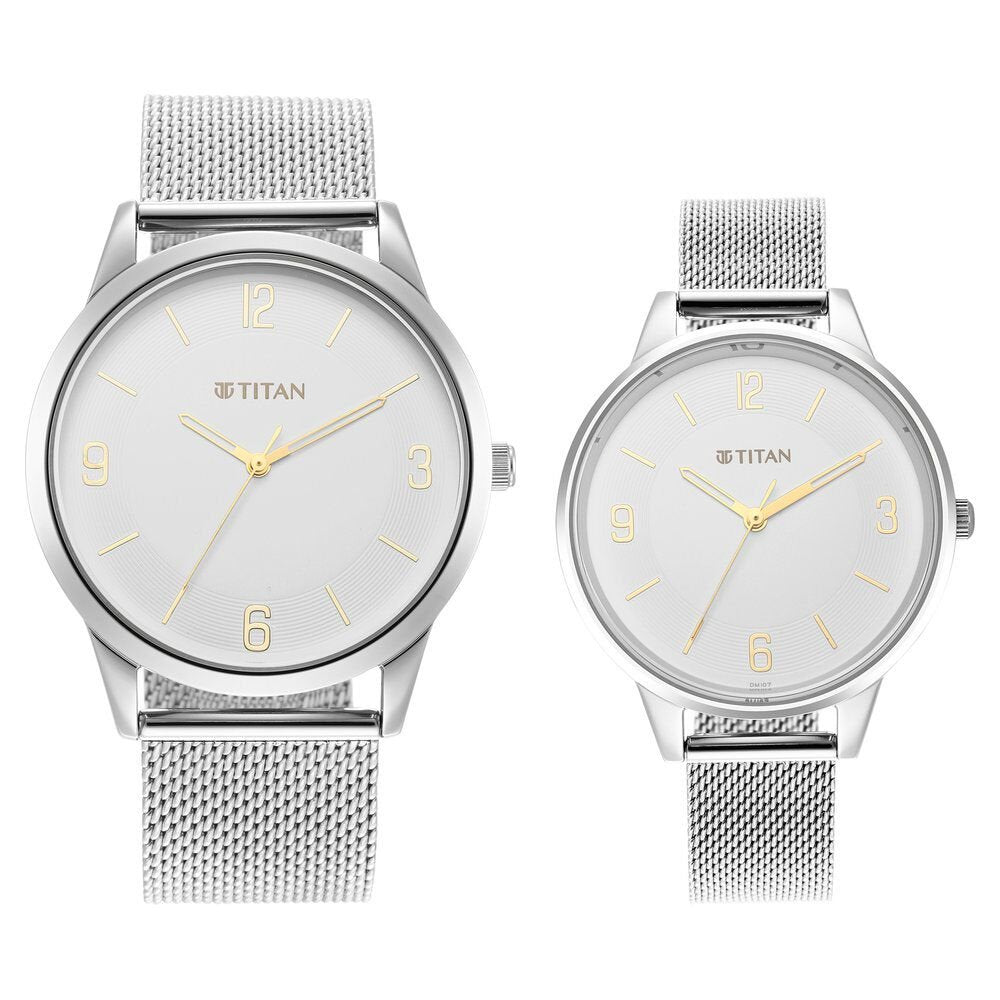 Titan Quartz Analog White Dial Stainless Steel Strap Watch for Couple - The Watch Factory ®