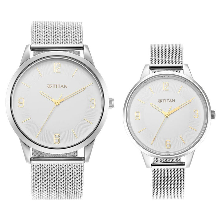 Titan Quartz Analog White Dial Stainless Steel Strap Watch for Couple - The Watch Factory ®