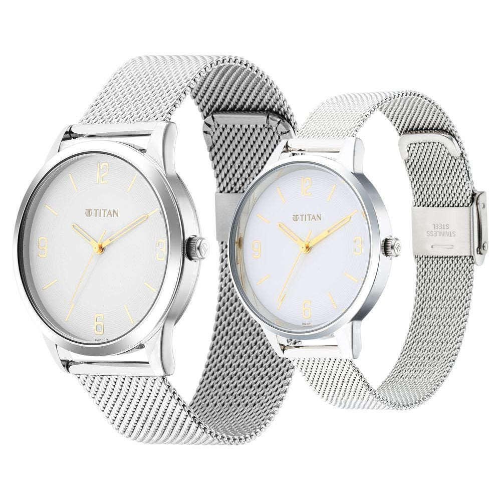 Titan Quartz Analog White Dial Stainless Steel Strap Watch for Couple - The Watch Factory ®