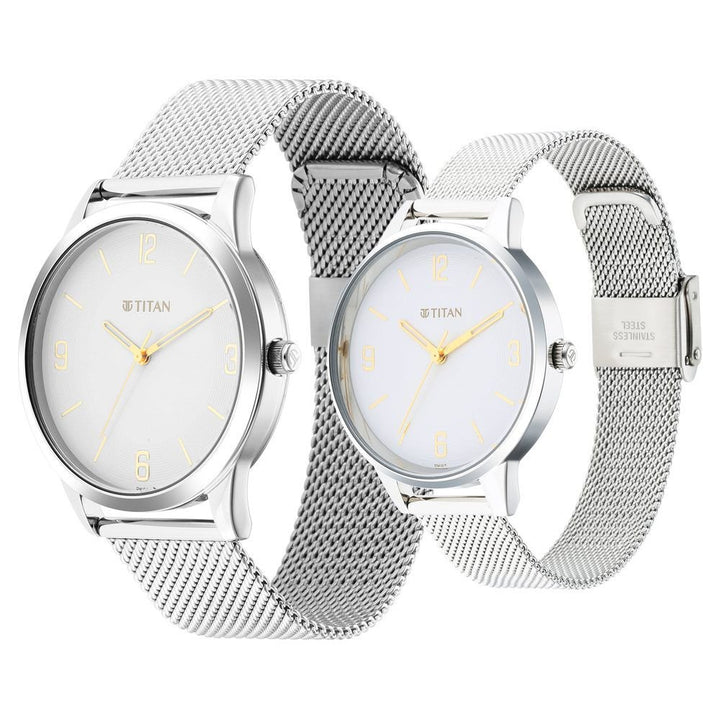 Titan Quartz Analog White Dial Stainless Steel Strap Watch for Couple - The Watch Factory ®