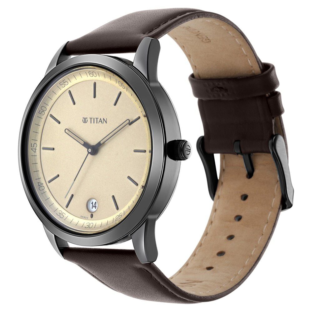 Titan Men's Timeless Style Watch: Refined Gold Dial and Leather Strap