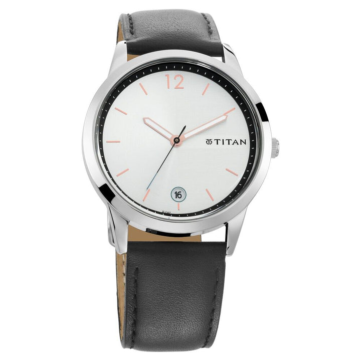 Titan Workwear Silver Dial Analog with Date Leather Strap Watch for Men NS1806SL01