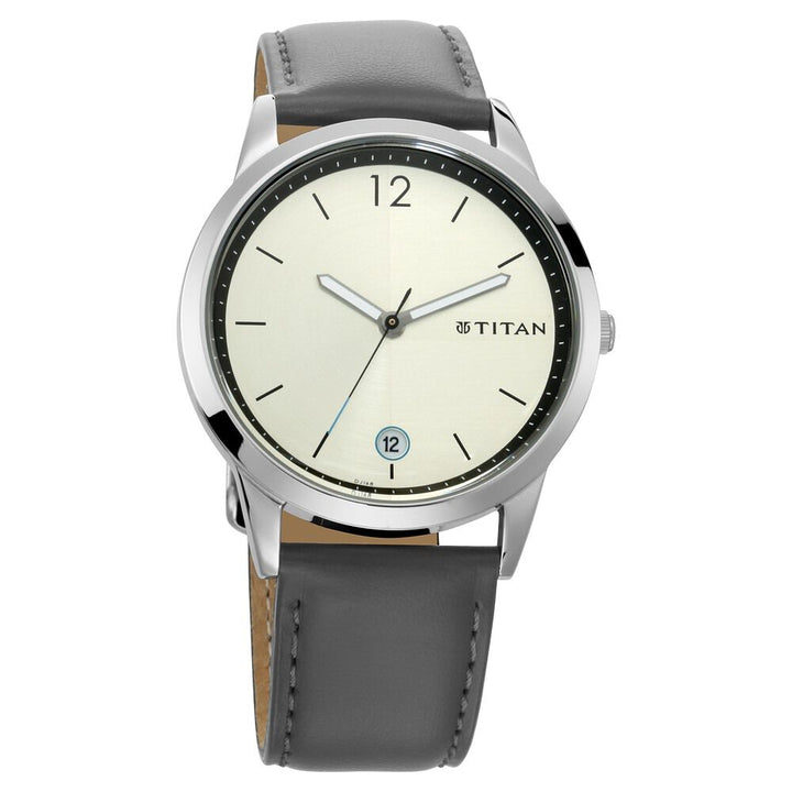 Titan Quartz Analog with Date Silver Dial Leather Strap Watch for Men NS1806SL03