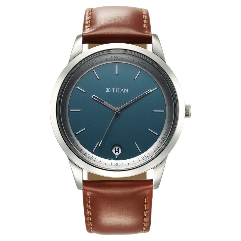 Titan Wrist Wit Quartz Analog With Date Blue Dial Leather Strap Watch For Men