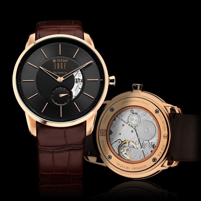 Titan Edge Mechanical Black Dial Mechanical Leather Strap Watch For Men