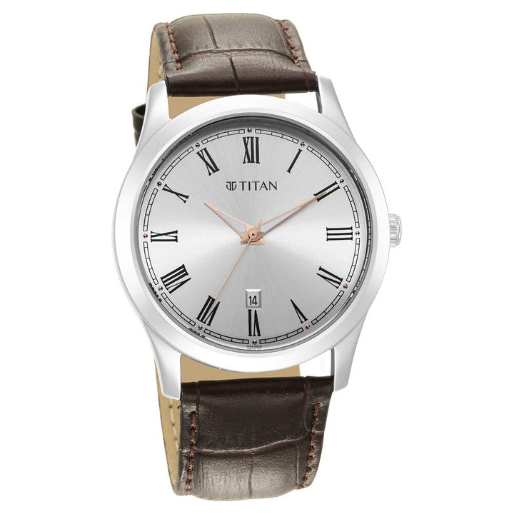 Titan Trendsetters Silver White Dial Analog Leather Strap watch for Men-1823SL02