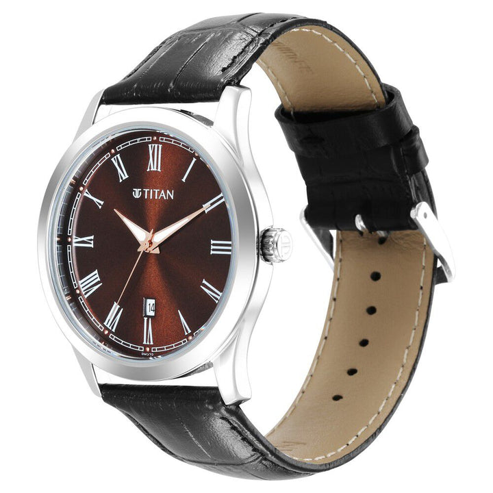 Titan Quartz Analog Dark Brown Dial Leather Strap Watch for Men-1823SL03