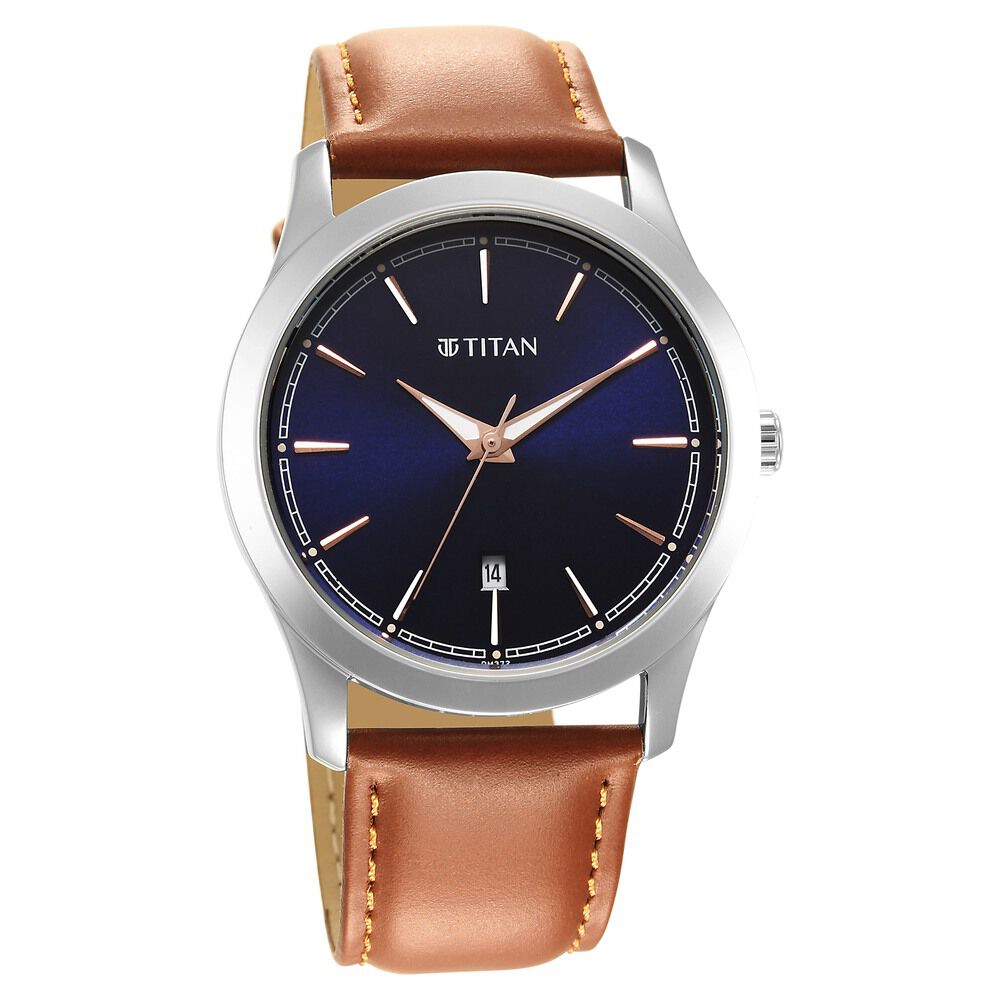 Titan Quartz Analog Blue Dial Leather Strap Watch for Men-1823SL07