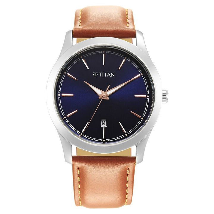 Titan Quartz Analog Blue Dial Leather Strap Watch for Men-1823SL07