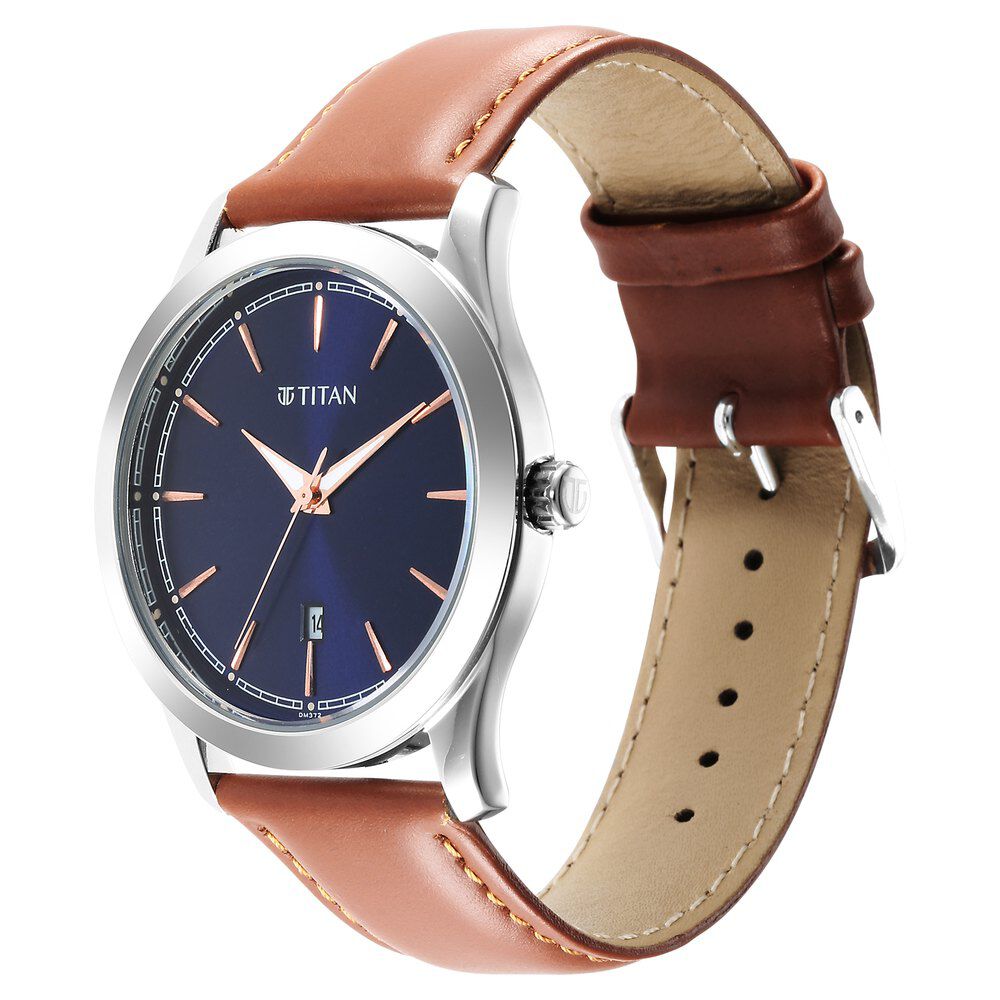 Titan Quartz Analog Blue Dial Leather Strap Watch for Men-1823SL07