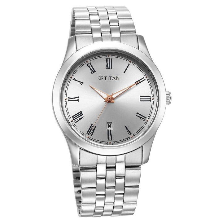 Titan Quartz Analog Silver White Dial Metal Strap Watch for Men-1823SM05