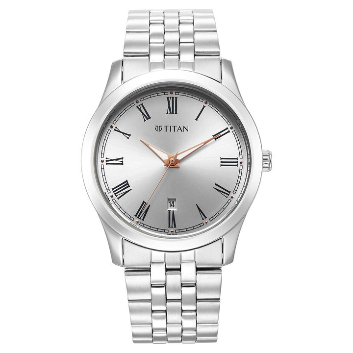 Titan Quartz Analog Silver White Dial Metal Strap Watch for Men-1823SM05