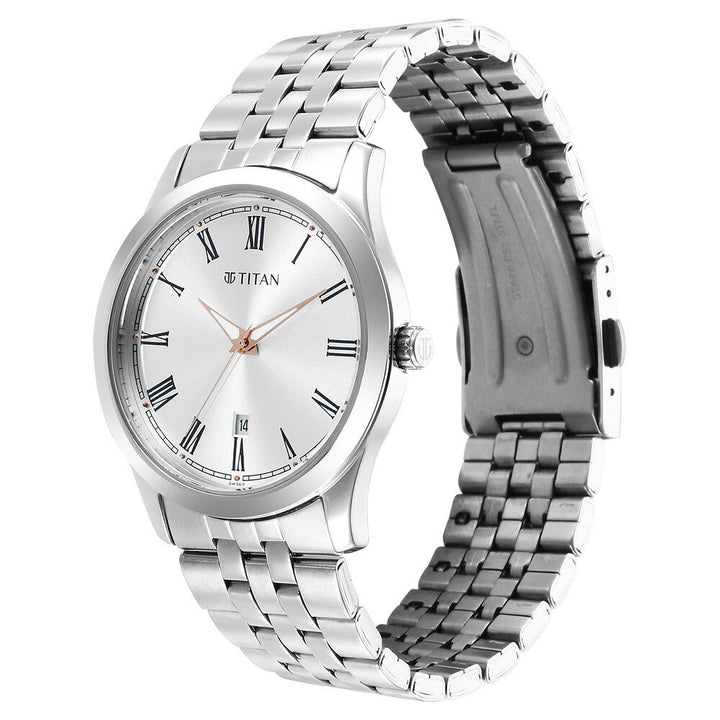 Titan Quartz Analog Silver White Dial Metal Strap Watch for Men-1823SM05