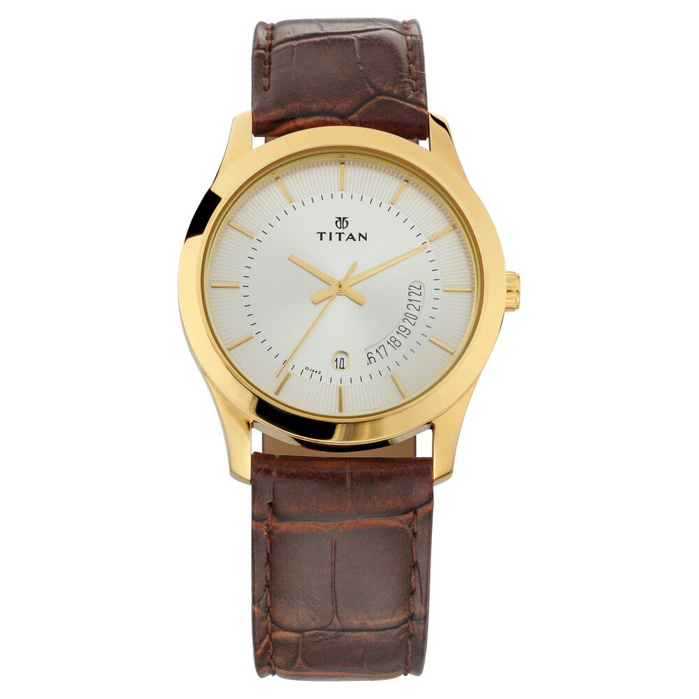 Titan Quartz Analog with Date Silver Dial Leather Strap Watch for Men - The Watch Factory ®
