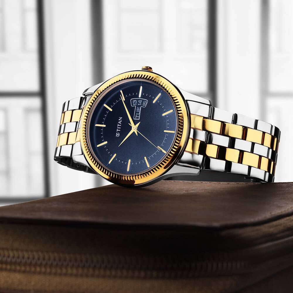 Titan Men's Trendsetter Watch: Chic Blue Dial & Two - Tone Strap - The Watch Factory ®