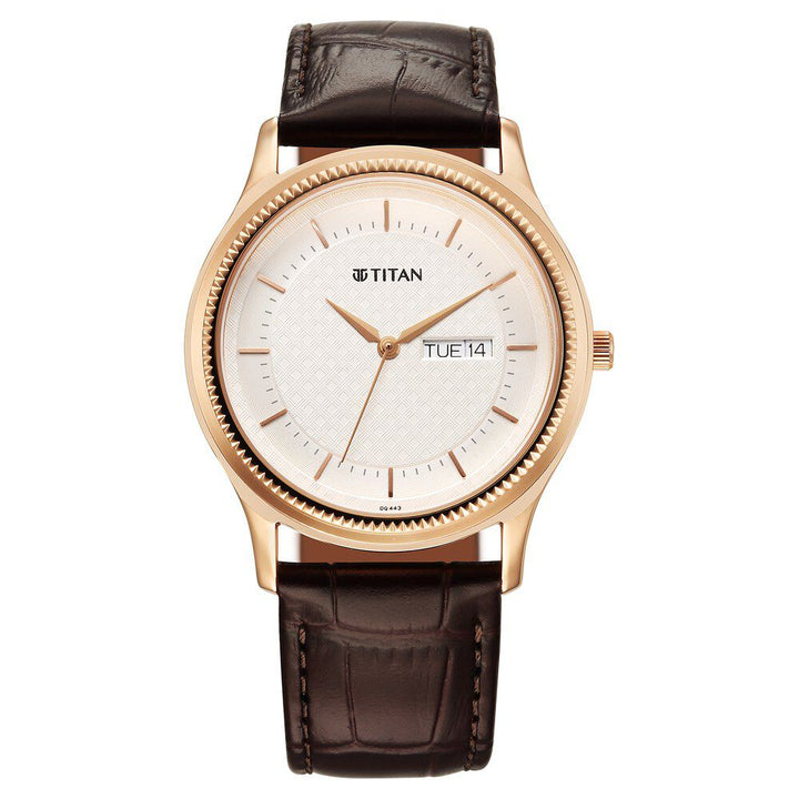 Titan Karishma Quartz Analog with Day and Date Silver Dial Leather Strap Watch For Men 1824WL03