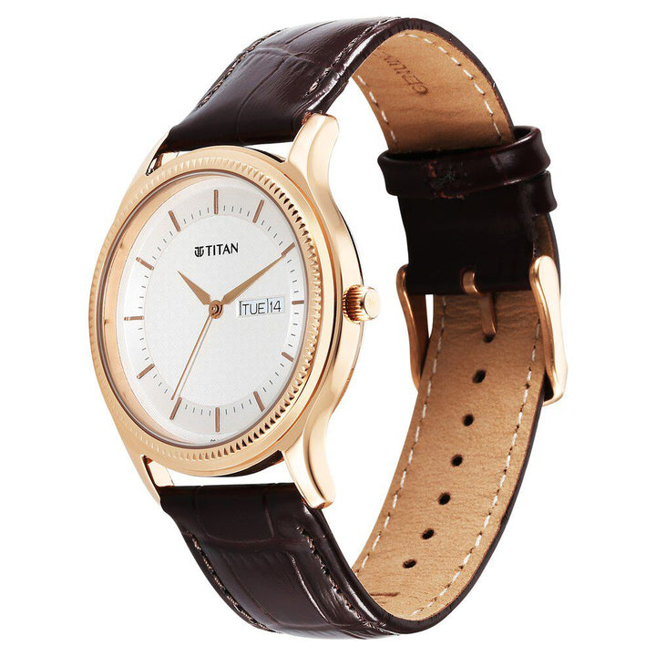 Titan Karishma Quartz Analog with Day and Date Silver Dial Leather Strap Watch For Men 1824WL03