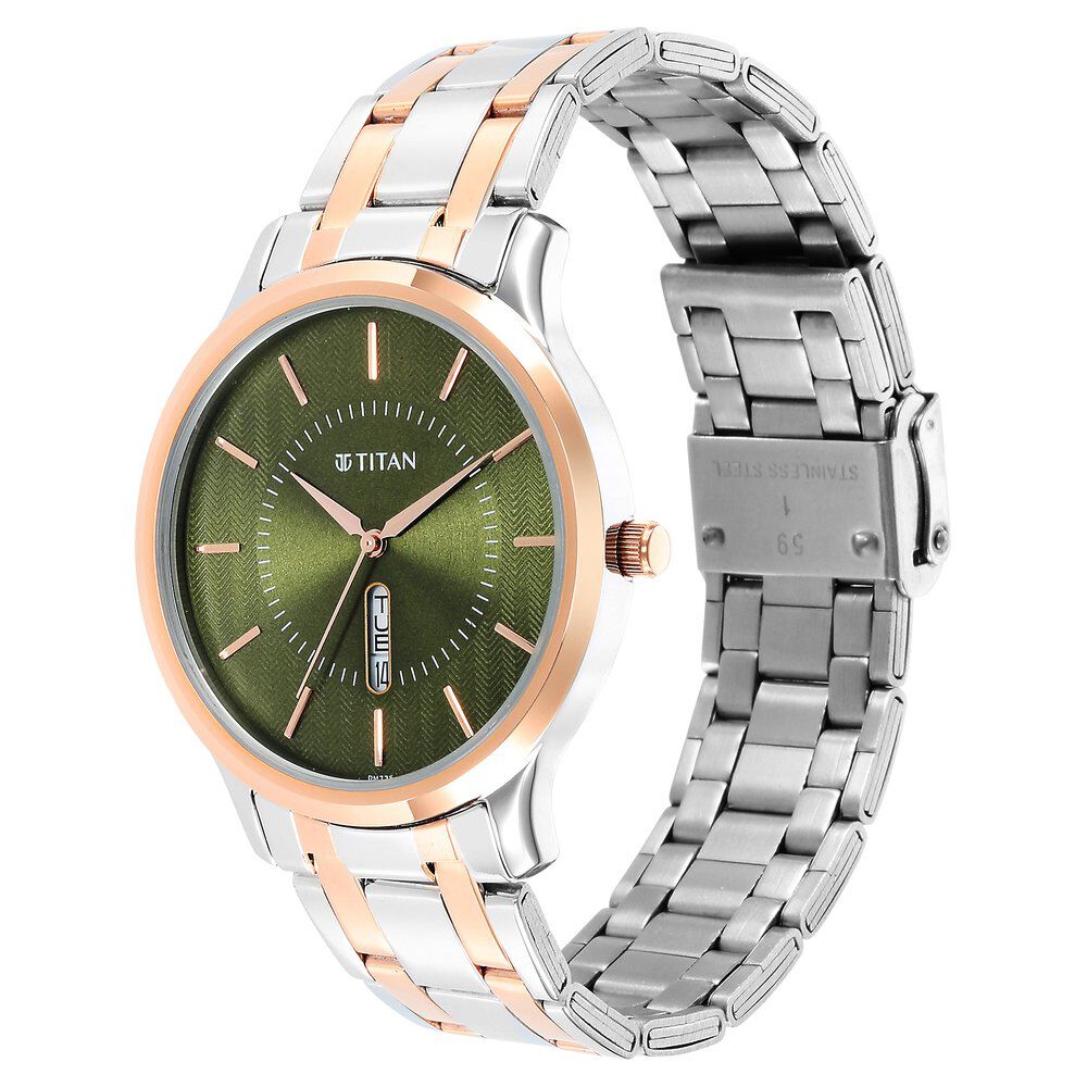 Titan Quartz Analog Green Dial Stainless Steel Strap Watch for Men-NT1825KM03