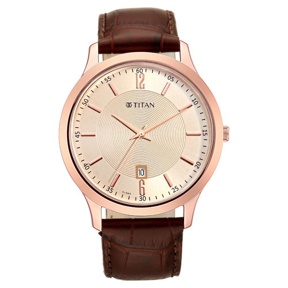 Titan Rose Gold Dial Analog with Date Leather Strap watch for Men NS1825WL02
