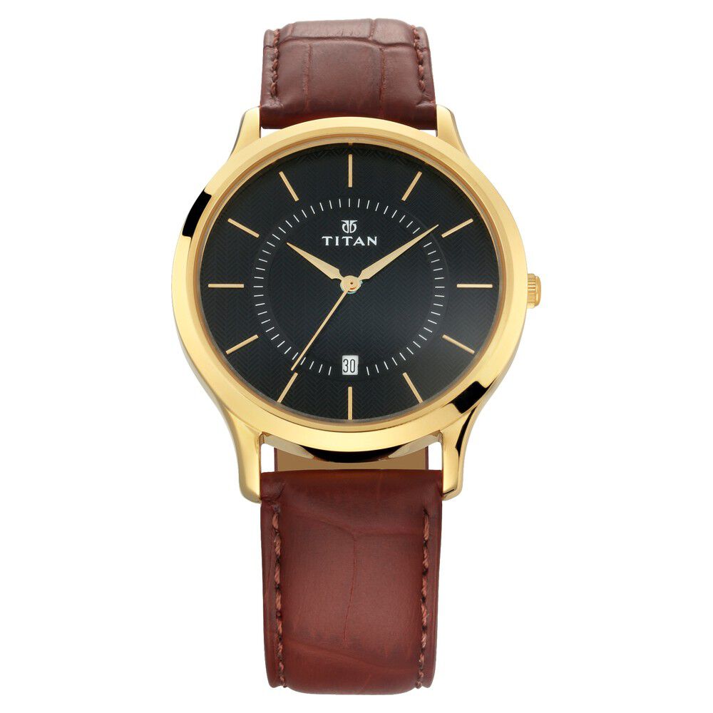 Titan Quartz Analog with Date Black Dial Leather Strap Watch for Men - The Watch Factory ®