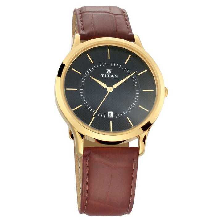 Titan Quartz Analog with Date Black Dial Leather Strap Watch for Men - The Watch Factory ®